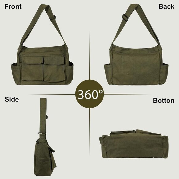 Vintage Canvas Crossbody Messenger Bag with Multiple Pockets and Hook-and-loop C - Picture 4 of 6